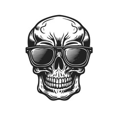 Hipster skull with sunglasses. Hand drawn vintage engraving style woodcut vector illustration.