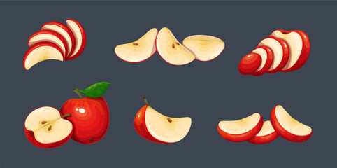 Red apple set vector illustration. Cartoon isolated whole delicious juicy fruit and cut into portion slices, half and quarter pieces. Organic fruity apples vector illustration