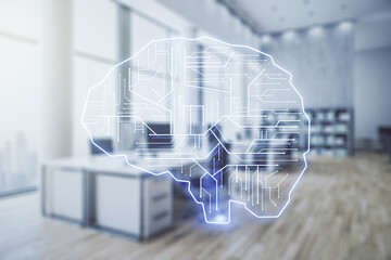 Double exposure of creative artificial Intelligence interface on modern corporate office...