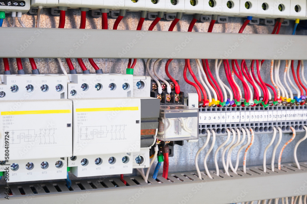 Poster box for color wires of distribution of an electricity, plc control panel with wiring, lectric contro