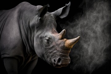 Portrait of a rhinoceros on a black background for adverb or website, webshop. Photo smoke rhino. Generative AI