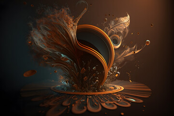 Cup of coffee with abstract pattern on dark background. 3d illustration.  Fractal art background for creative design. Generative AI technology.