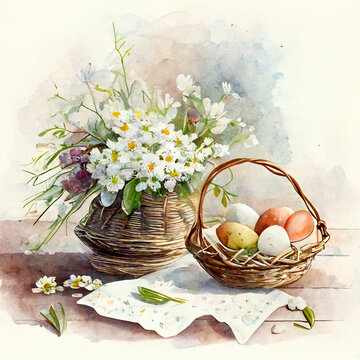 Easter composition. White flowers in a wicker basket and eggs in a basket. Watercolor illustration. Generative AI.
