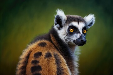 Fototapeta premium Portrait of a Ring tailed Lemur on a green background. Generative AI