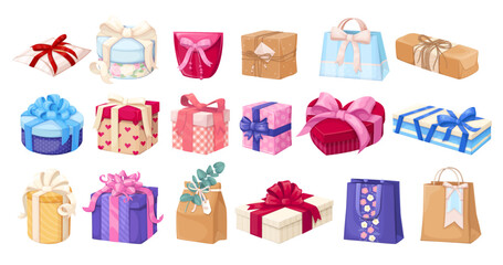Gift boxes and bags set vector illustration. Cartoon isolated Christmas or birthday presents in paper packages with different shape and bright color, silk ribbons and bow, cute gift box collection