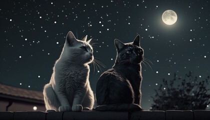 Two cat lovers sit on the roof at night created with generative AI technology