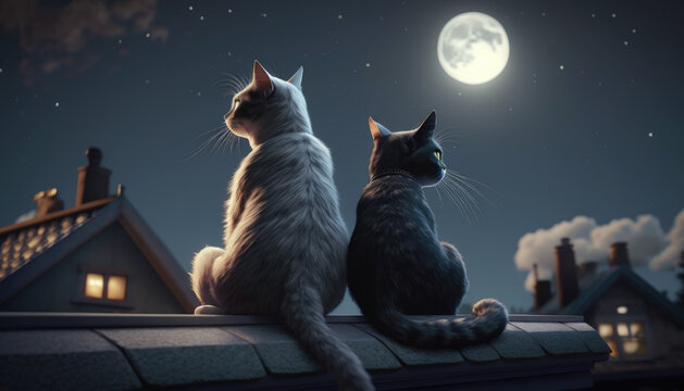 Two cat lovers sit on the roof at night created with generative AI technology