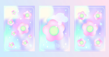 Y2k flower blurred gragient cards. Holographic vector posters background with cloud and flowers geometric shape in trendy 90s, 00s psychedelic style. Rainbow holo and pink colors. EPS