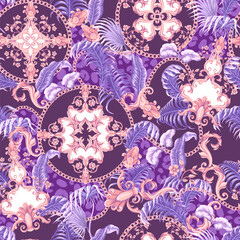Seamless pattern with tropical leaves and baroque elements. Vector.