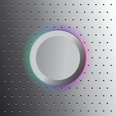Button on steel perforated background, colorful neon light