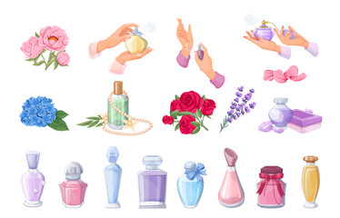 Perfume and floral fragrance set vector illustration. Cartoon gift bouquets of different flowers, cosmetic transparent glass bottles with cologne or perfume water, hands holding perfumery containers