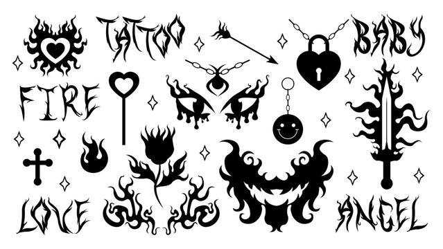 Y2k tattoo stickers. Flame and fire, chain, heart, sword, flower, necklace triball glamour in trendy 90s, 00s psychedelic style. Vector hand drawn black and white silhouette tattoo print set. EPS
