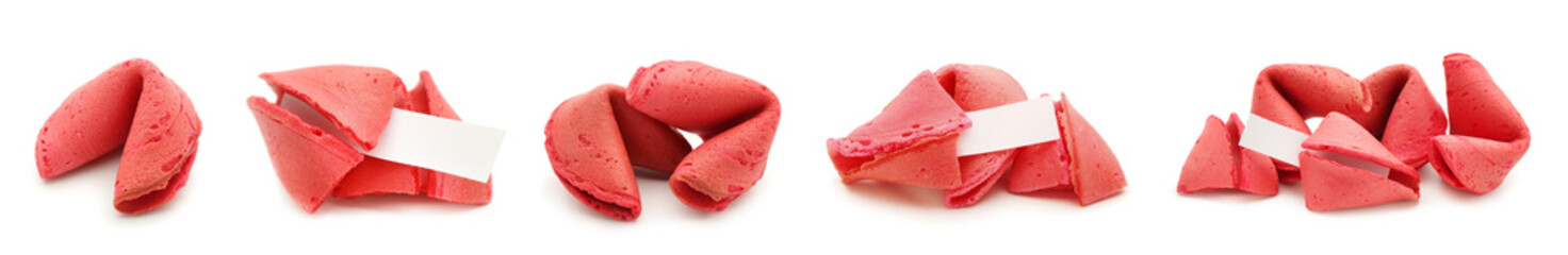 Set of tasty fortune cookies isolated on white