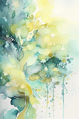 Beautiful green, gold and white watercolor abstract painting