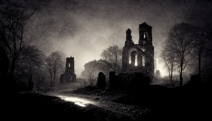 Naklejka premium Old photo with creepy cemetery and abandoned church ruins. Mystic gloomy scene. Generative AI
