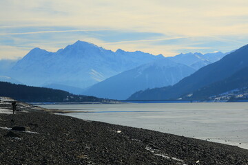 Obraz premium Lake Reschen in winter