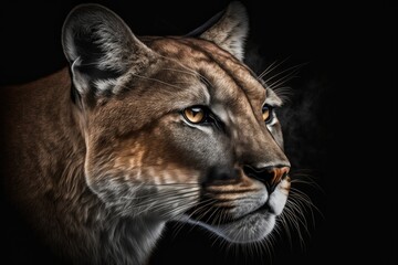 Obraz premium Portrait of a puma or cougar on a black background. Generative AI