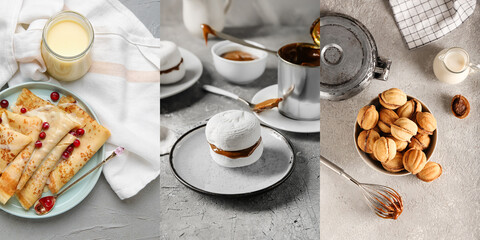 Collage of tasty walnut shaped cookies, zefir and thin pancakes on grunge background