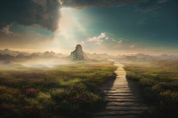 Beautiful dramatic mysterious landscape with spiritual pathway to heaven. Generative AI
