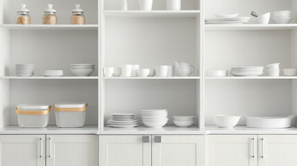Open cupboard with clean dishes in kitchen - obrazy, fototapety, plakaty