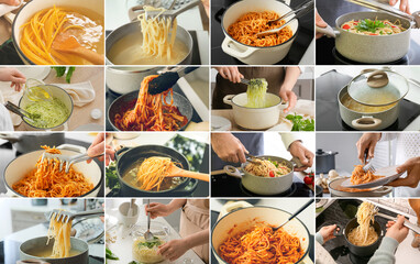 Collage of cooking of tasty pasta in pots