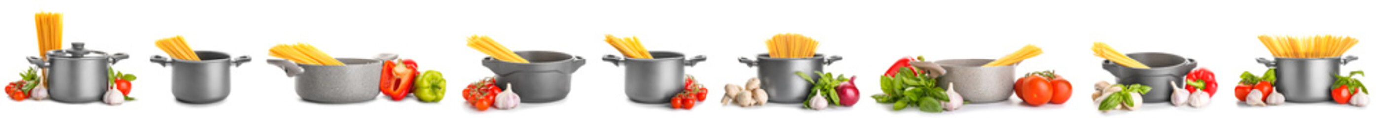 Collage of cooking pots with raw pasta and vegetables on white background