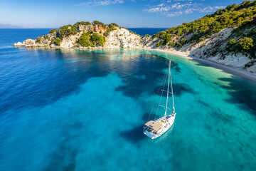 Aerial photo of a moored yacht boat in Itaca, Greece - 580422315