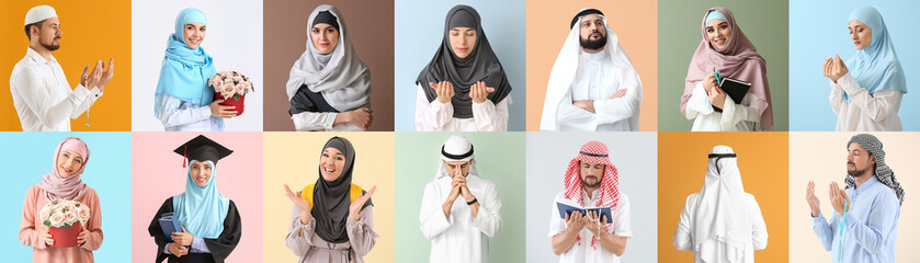 Collage of Muslim people on color background
