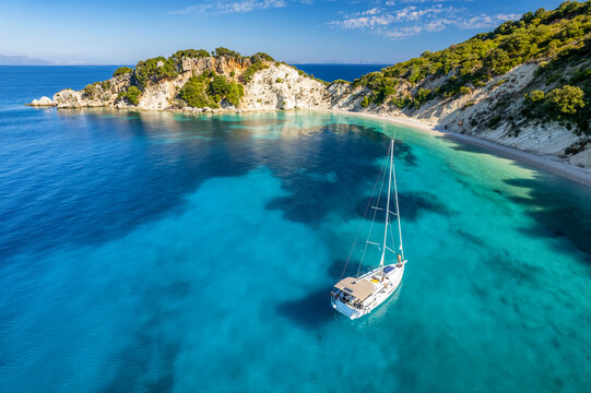 Aerial photo of a moored yacht boat in Itaca, Greece