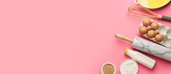 Ingredients for preparing bakery and utensils on pink background with space for text