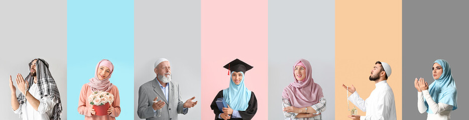 Group of Muslim people on color background