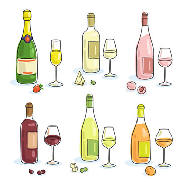 Set of six bottles of wine and champagne with glasses and snacks. Picture in line style. Black contour with colored spots. Isolated on white.  Vector flat illustration. Template for menu design