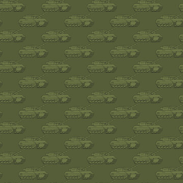 Seamless pattern with military Tank Brigade. Backdrop with combat vehicle. Colorful vector illustration isolated on grey background.