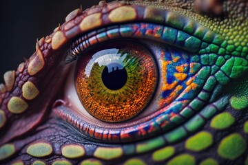 Photo of a colorful reptile's eye, a close up of part of a chameleon's head, the scaly skin of a multicolored lizard, an african animal, a beautiful exotic iguana, wild nature, and the wildlife of a r