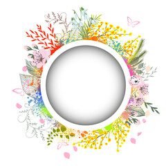 Happy women's day greeting card. 8 march women's day poster or banner . Round frame with spring flowers. Postcard for text. Vector illustration