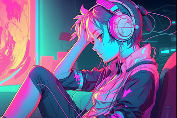 futuristic anime style girl listening to music with headphones. Neural network AI generated art