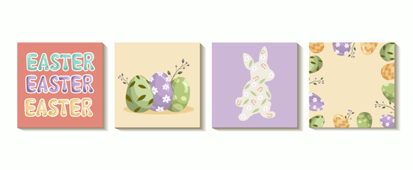 Fototapeta na wymiar Happy Easter Set of Sale banners, greeting cards, posters, holiday covers. Trendy design with typography, hand painted plants, dots, eggs and bunny, in pastel colors. Modern art minimalist style.