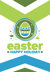 Happy Easter in April. Christian spring holiday in honor of the resurrection of Christ. Biblical history. Traditional dyeing eggs with patterns, fun game for children searching for easter eggs. Vector