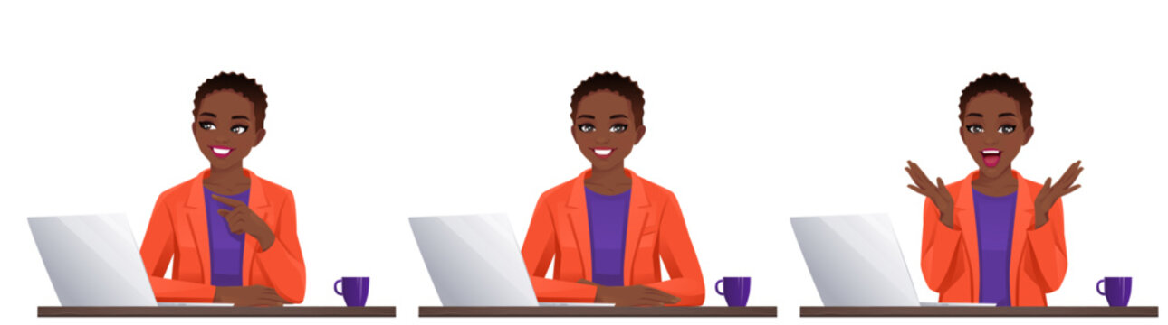 Elegant beautiful business woman in bright colors clothes using laptop computer sitting at the desk set isolated vector illustration