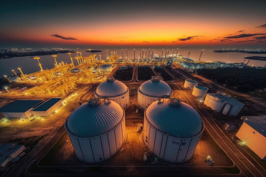sunset over a refinery with oil storage, energy storage, generative ai