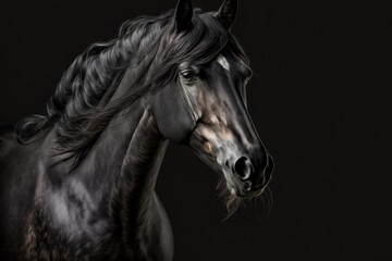 Fototapeta na wymiar Portrait of a black horse in a studio against a black background. Generative AI