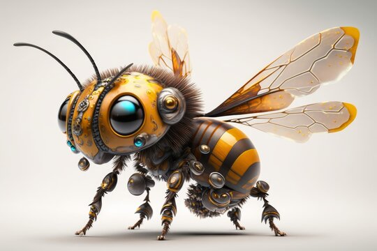 High-Quality Macro Photography of a Cute Little Robot Bee with Wings and Stinger on Isolated White Background using Unreal Engine 5 , Generative ai