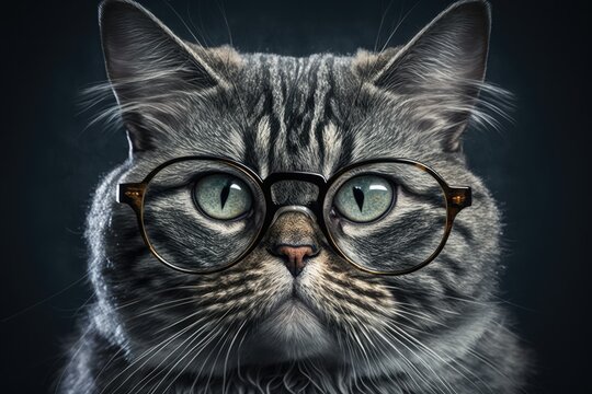 Portrait of a cat with round glasses. The animal is in a studio and looks at the camera. Animal portrait close up. Generative AI