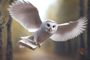 Obraz premium A magical white owl delivers a letter to a magical school. AI generation