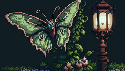 Pixel art 16 bits 1980, a luna moth flying next to a Victorian lamp, garden background