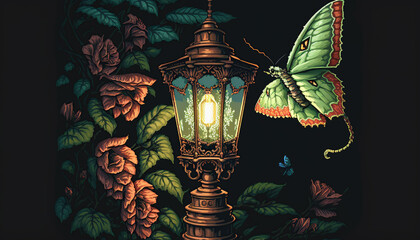 Pixel art 16 bits 1980, a luna moth flying next to a Victorian lamp, garden background - obrazy, fototapety, plakaty
