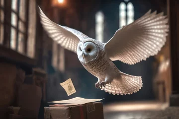 Abwaschbare Fototapete Eulen-Cartoons A magical white owl delivers a letter to a magical school. AI generation