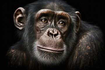 Portrait of a curious chimpanzee that looks like it wants to ask a question, with details pasted on a black background. Generative AI