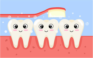 Obraz premium Cartoon style teeth in gums are brushed with a toothbrush. Oral Care Instructions. Children's trendy design. Medicine. Dentistry. Vector stock illustration.