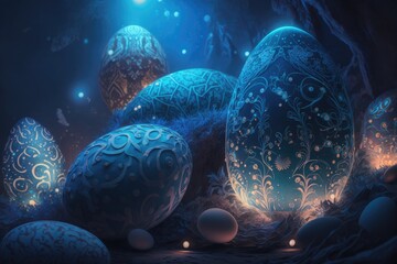 Obraz na płótnie Canvas fantasy amazing Easter ornated painted egg in glass egg on blue background. Happy Easter magical,generative ai.